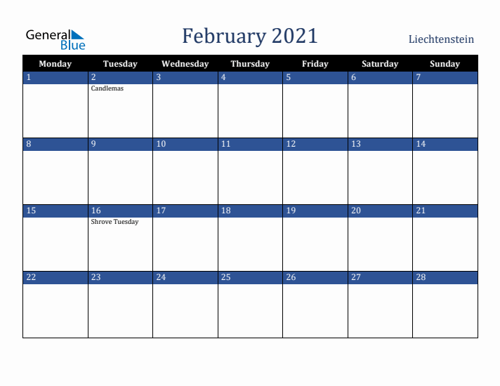 February 2021 Liechtenstein Calendar (Monday Start)