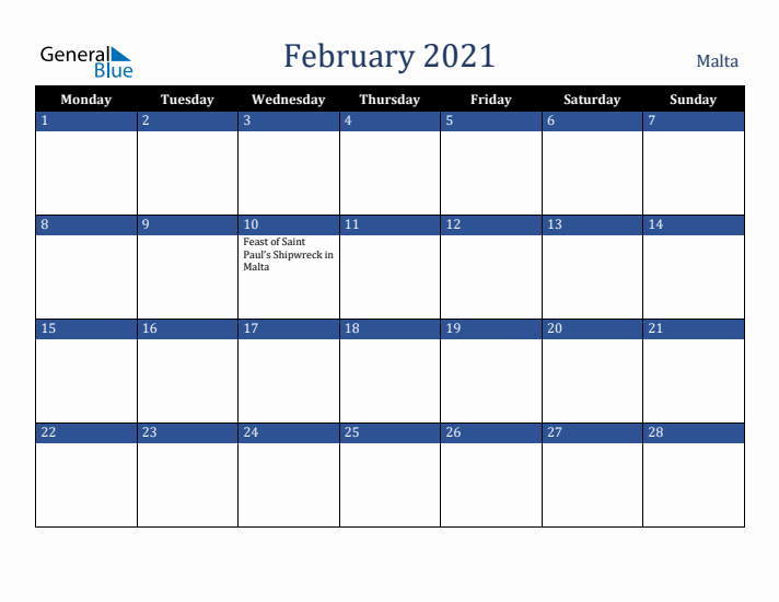 February 2021 Malta Calendar (Monday Start)