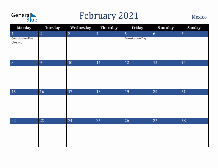 February 2021 Mexico Calendar (Monday Start)
