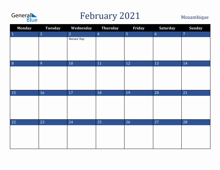 February 2021 Mozambique Calendar (Monday Start)