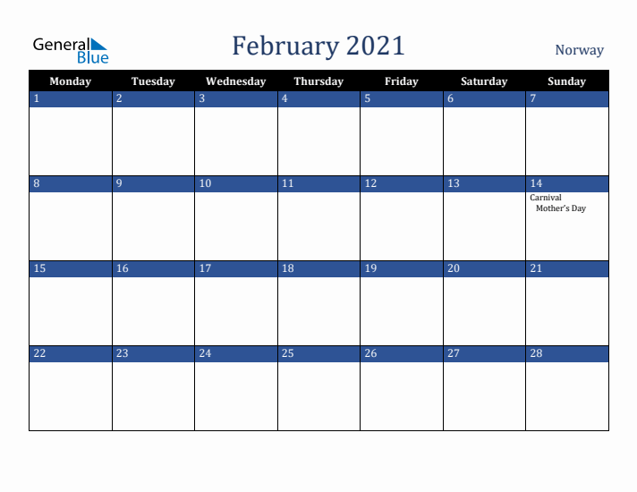 February 2021 Norway Calendar (Monday Start)