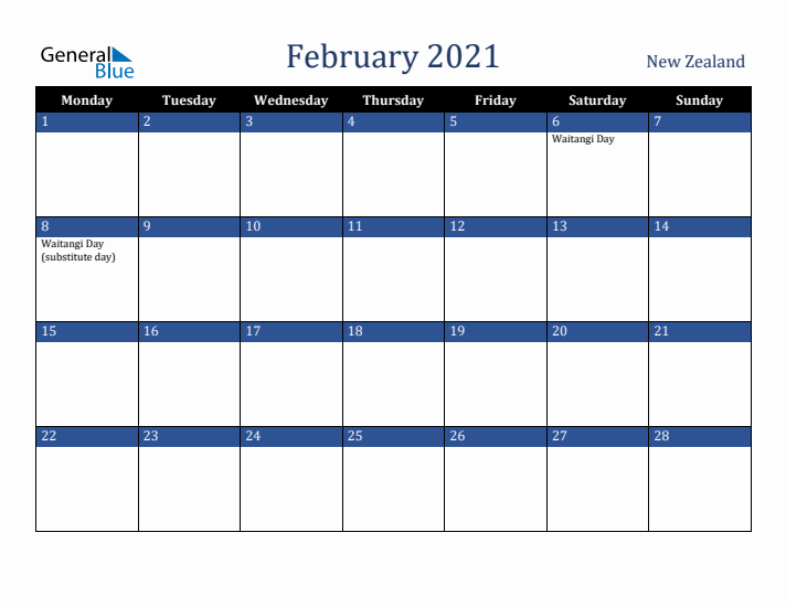 February 2021 New Zealand Calendar (Monday Start)