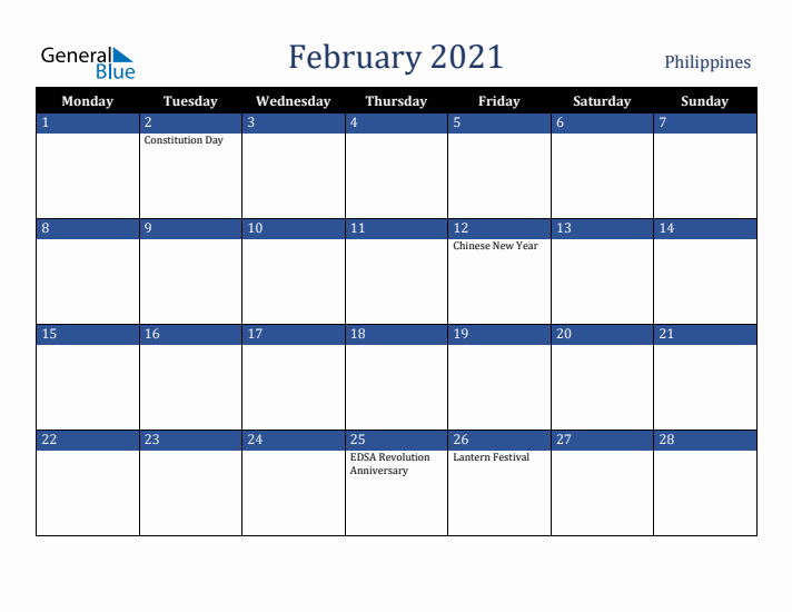 February 2021 Philippines Calendar (Monday Start)