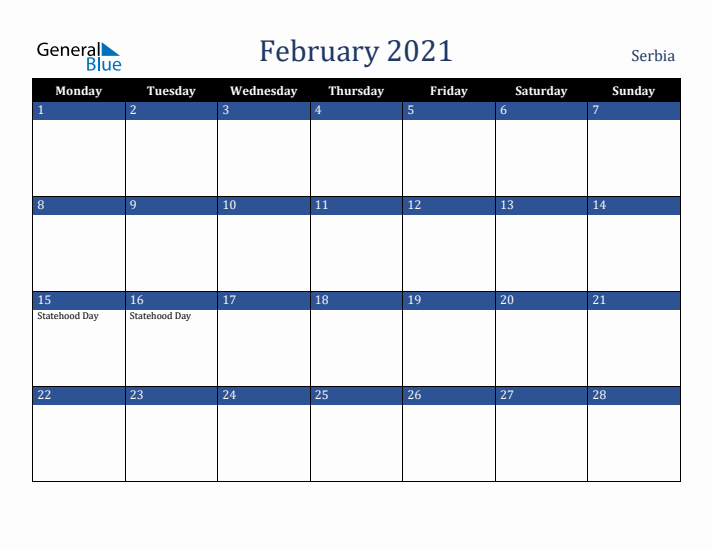 February 2021 Serbia Calendar (Monday Start)