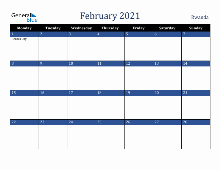 February 2021 Rwanda Calendar (Monday Start)