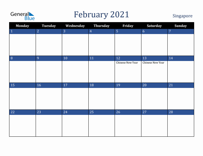 February 2021 Singapore Calendar (Monday Start)