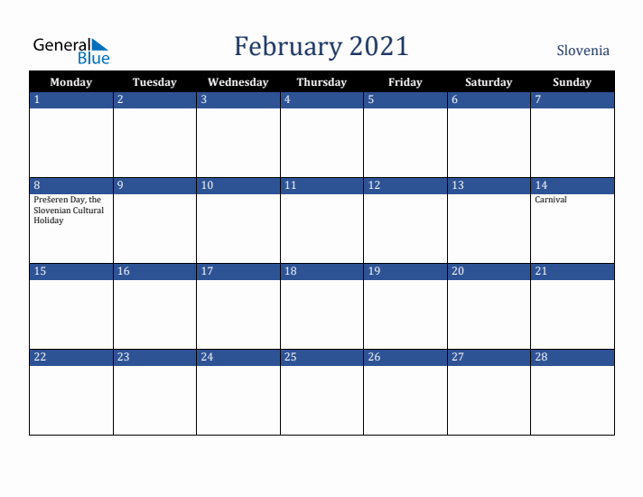 February 2021 Slovenia Calendar (Monday Start)
