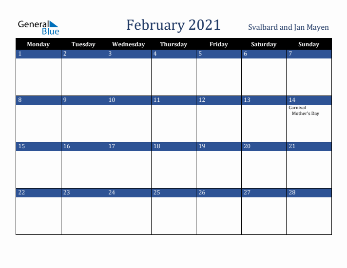 February 2021 Svalbard and Jan Mayen Calendar (Monday Start)