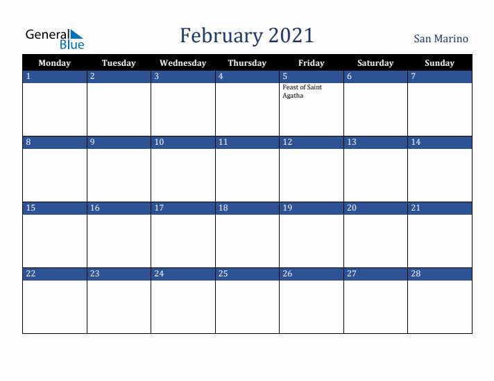 February 2021 San Marino Calendar (Monday Start)