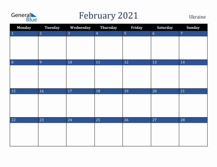 February 2021 Ukraine Calendar (Monday Start)