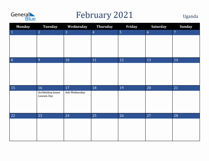 February 2021 Uganda Calendar (Monday Start)