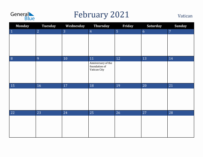 February 2021 Vatican Calendar (Monday Start)