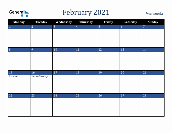 February 2021 Venezuela Calendar (Monday Start)