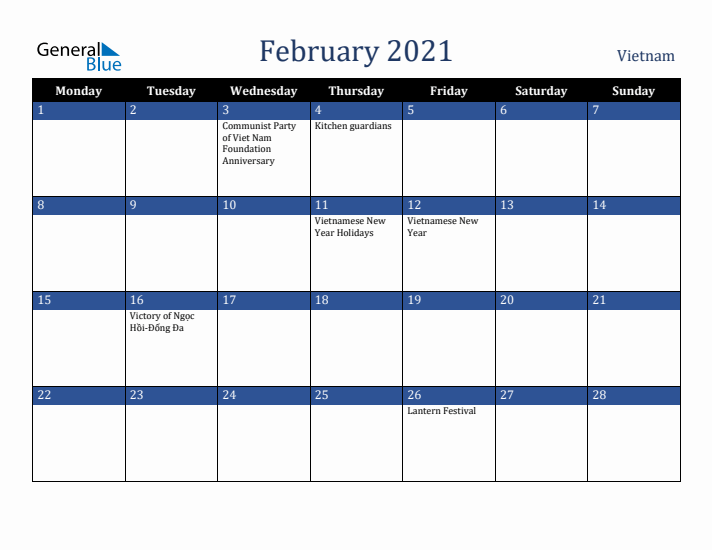 February 2021 Vietnam Calendar (Monday Start)