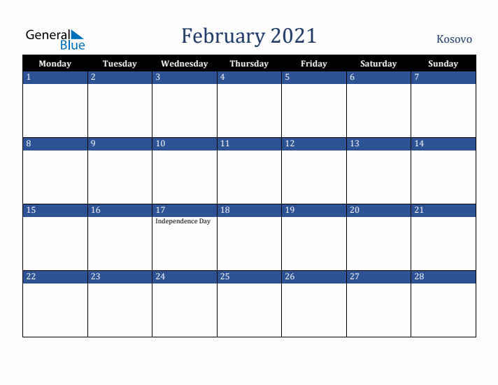 February 2021 Kosovo Calendar (Monday Start)