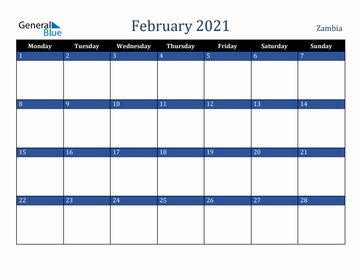 February 2021 Zambia Calendar (Monday Start)