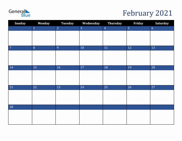 Sunday Start Calendar for February 2021
