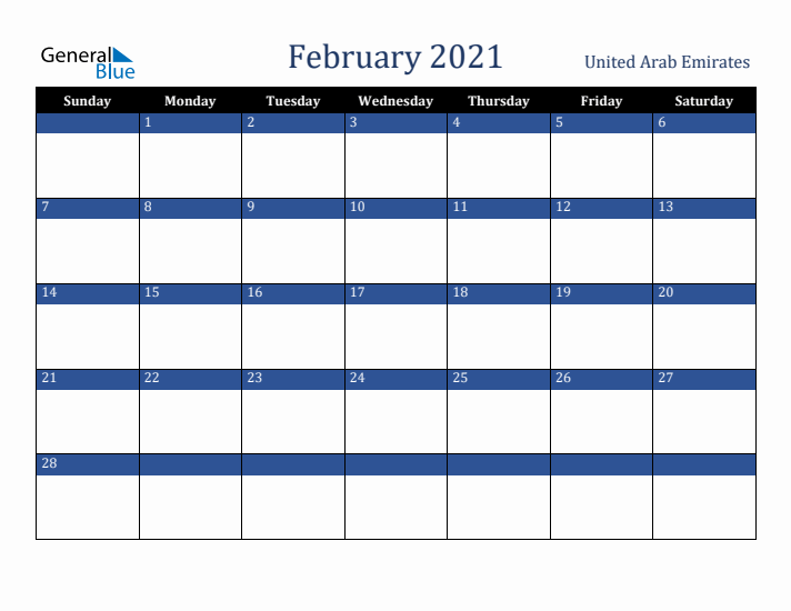 February 2021 United Arab Emirates Calendar (Sunday Start)