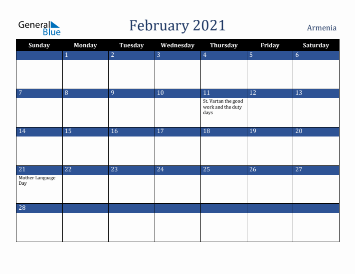 February 2021 Armenia Calendar (Sunday Start)