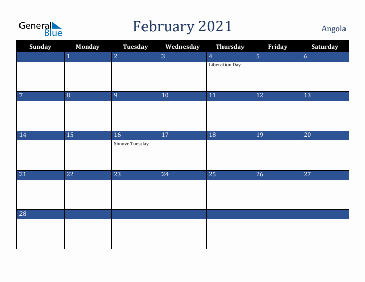 February 2021 Angola Calendar (Sunday Start)