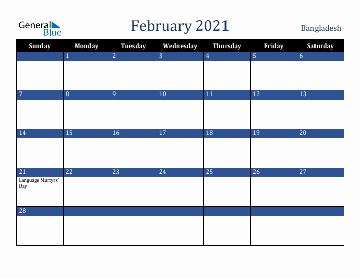 February 2021 Bangladesh Calendar (Sunday Start)