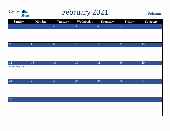 February 2021 Belgium Calendar (Sunday Start)