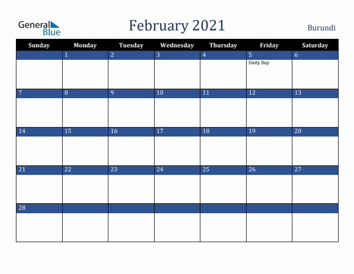 February 2021 Burundi Calendar (Sunday Start)