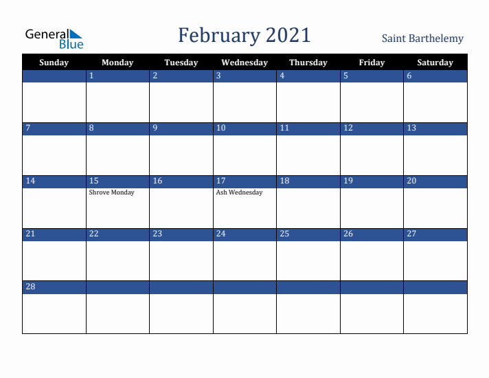 February 2021 Saint Barthelemy Calendar (Sunday Start)
