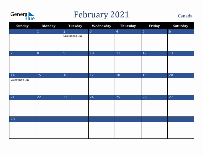 February 2021 Canada Calendar (Sunday Start)