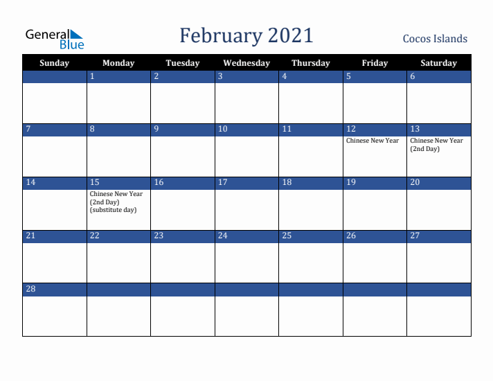 February 2021 Cocos Islands Calendar (Sunday Start)