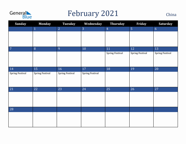 February 2021 China Calendar (Sunday Start)