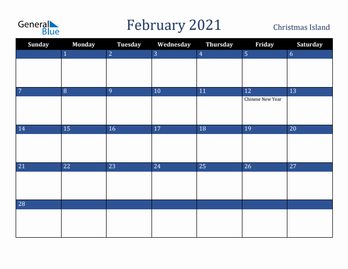 February 2021 Christmas Island Calendar (Sunday Start)
