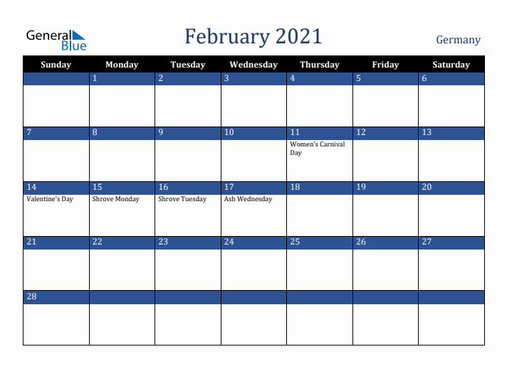 February 2021 Germany Calendar (Sunday Start)