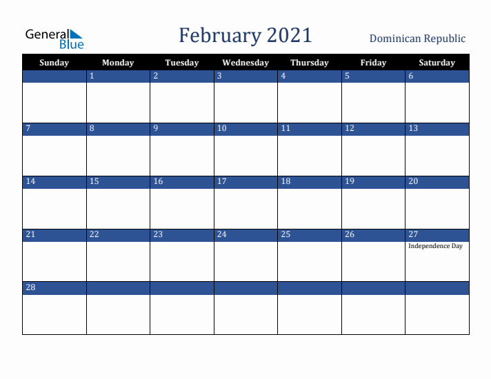 February 2021 Dominican Republic Calendar (Sunday Start)