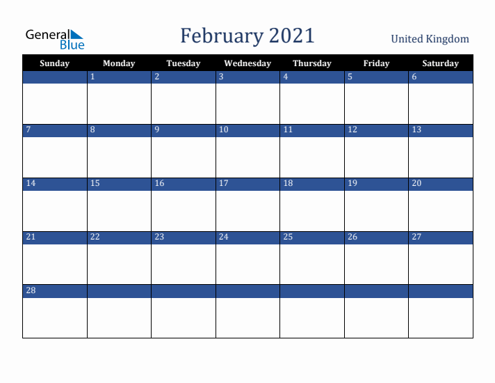 February 2021 United Kingdom Calendar (Sunday Start)