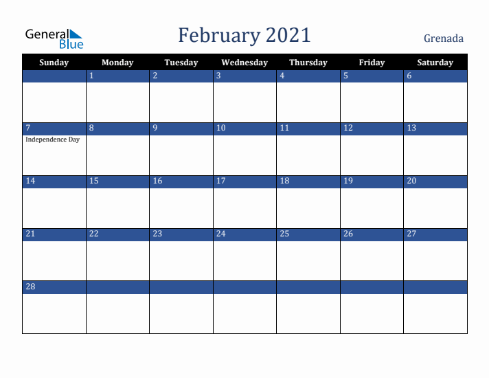 February 2021 Grenada Calendar (Sunday Start)