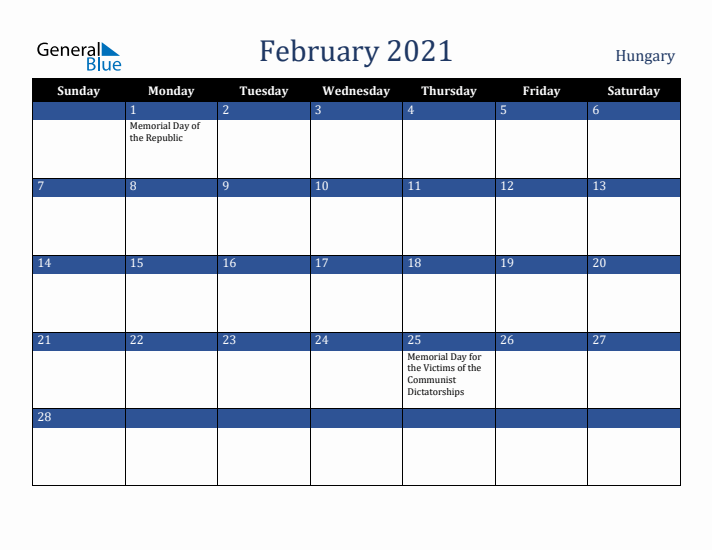 February 2021 Hungary Calendar (Sunday Start)