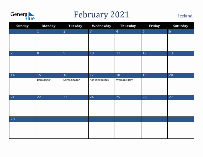 February 2021 Iceland Calendar (Sunday Start)