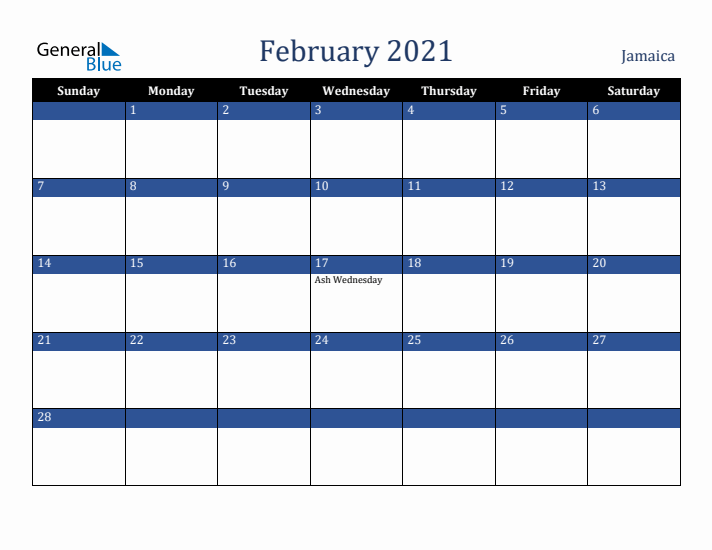 February 2021 Jamaica Calendar (Sunday Start)