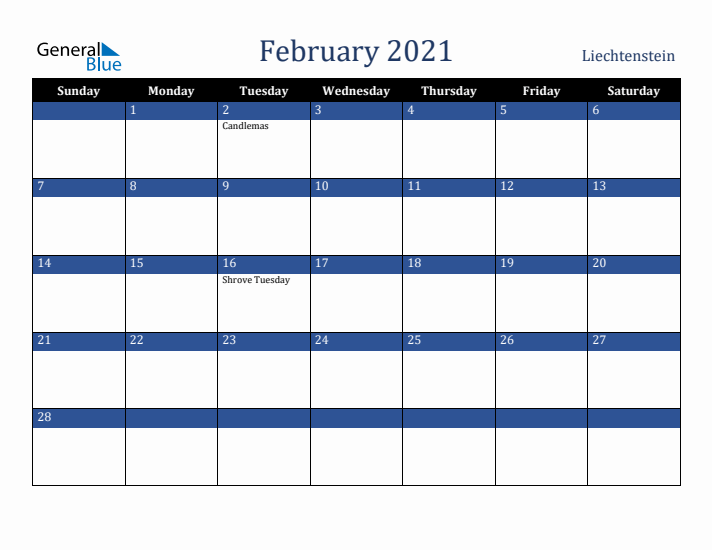 February 2021 Liechtenstein Calendar (Sunday Start)