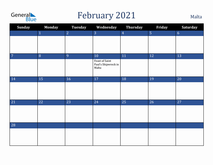 February 2021 Malta Calendar (Sunday Start)