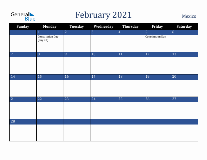 February 2021 Mexico Calendar (Sunday Start)