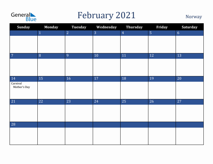 February 2021 Norway Calendar (Sunday Start)