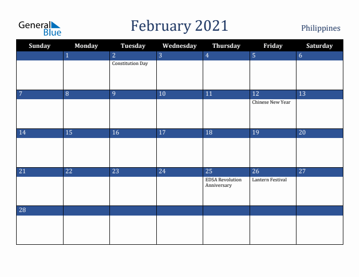 February 2021 Philippines Calendar (Sunday Start)