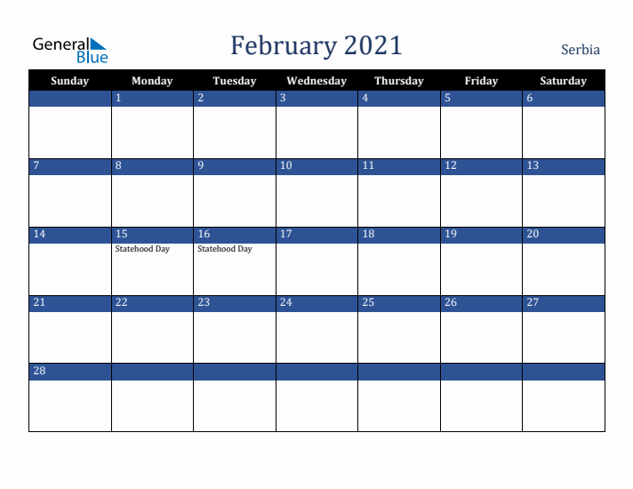 February 2021 Serbia Calendar (Sunday Start)