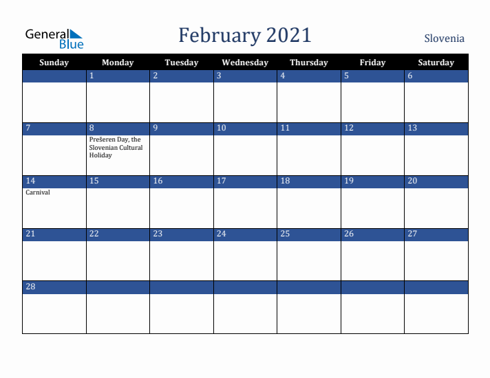 February 2021 Slovenia Calendar (Sunday Start)