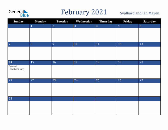 February 2021 Svalbard and Jan Mayen Calendar (Sunday Start)