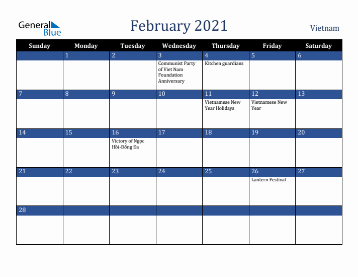 February 2021 Vietnam Calendar (Sunday Start)