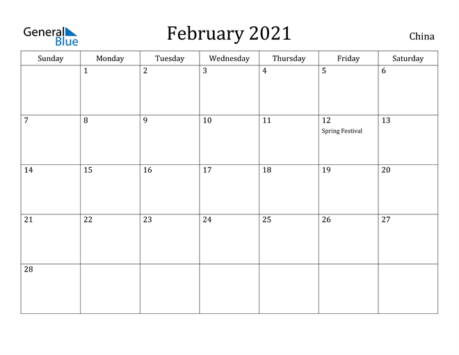 China February 2021 Calendar with Holidays