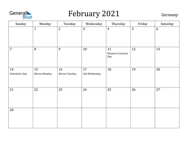 Germany February 2021 Calendar With Holidays